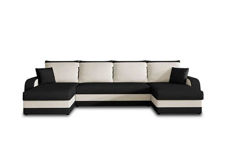 Canapé d'angle BestMobilier Valos - canapé panoramique en U - 7 places - convertible avec coffre - en velours - Noir / Blanc