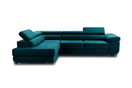 Canapé d'angle BestMobilier Pablo - canapé d'angle gauche - 5 places - convertible avec coffre et têtières réglables - en velours - Bleu canard