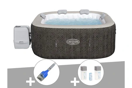 Spa gonflable BESTWAY KIT SPA GONFLABLE BESTWAY LAY-Z-SPA CABO CARRÉ HYDROJET 4/6 PLACES + ASPIRATEUR À BATTERIE + KIT DE TRAITEMENT AU BROME