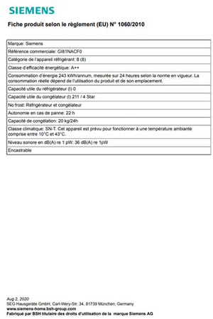 Congélateur armoire SIEMENS GI81NACF0 - ENCASTRABLE 178CM