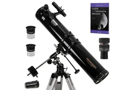 Télescope OMEGON PACK COMPLET TÉLESCOPE 114/900 EQ1 ET ZOOM ET GUIDE DÉBUTANT ET OCULAIRES ET BARLOW - OMEGON